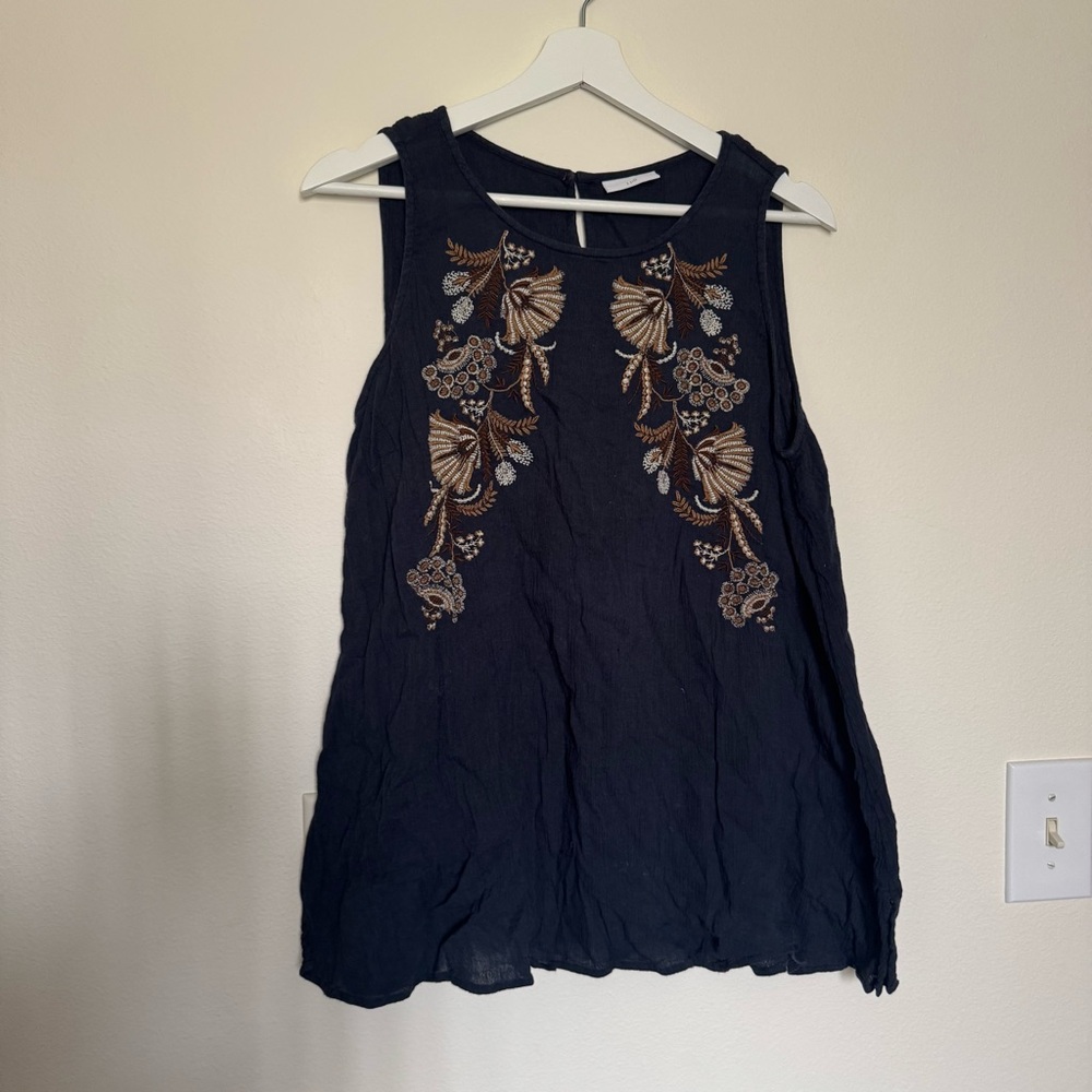 Embroidered Navy Sleeveless Women's Top